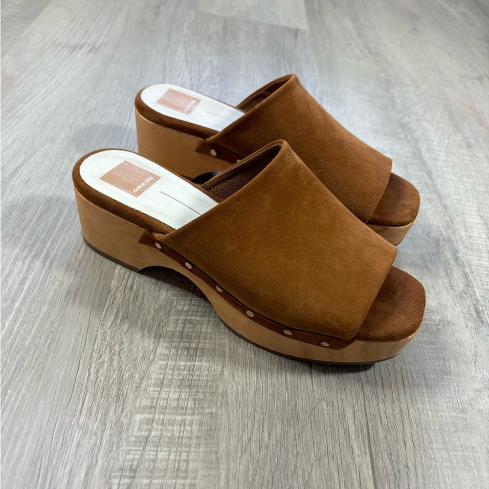 Dolce Vita Brown Suede Wooden Clog Mules - Picture 9 of 9